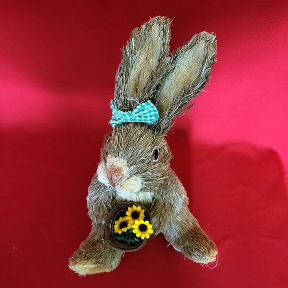 Sisal Bunny Rabbit Holding a Basket of Sunflowers Green Ribbon Decor Figure East - Picture 8 of 13